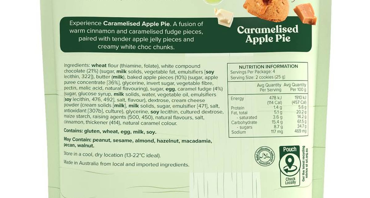 Pack photograph of Byron Bay Cookies Caramelised Apple Pie Cookie Bites 100g showing the printed nutrition panel