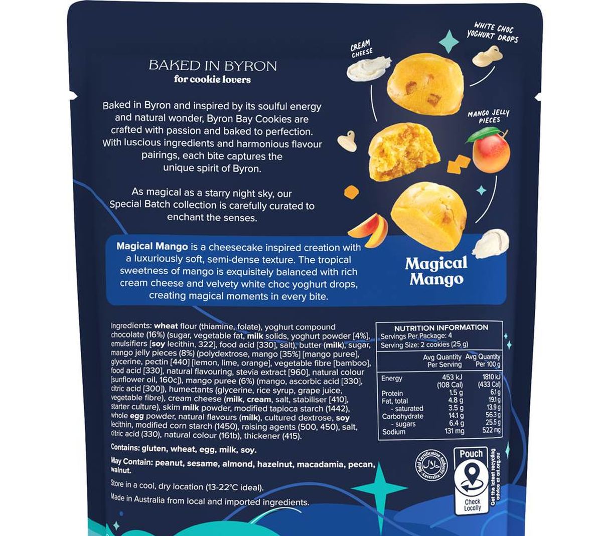 Pack photograph of Byron Bay Cookies Bites Magical Mango 100g showing the printed nutrition panel