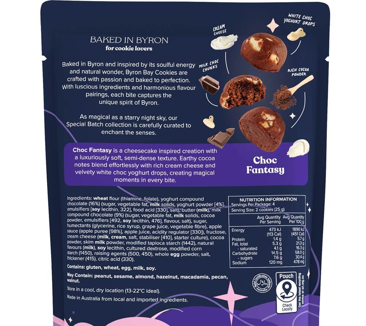 Pack photograph of Byron Bay Cookies Bites Choc Fantasy 100g showing the printed nutrition panel
