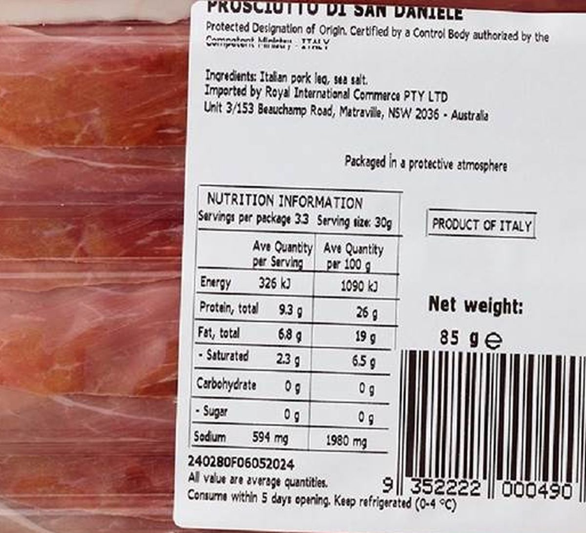 Pack photograph of Prosciutto Di San Daniele Sliced 85g showing the printed nutrition panel
