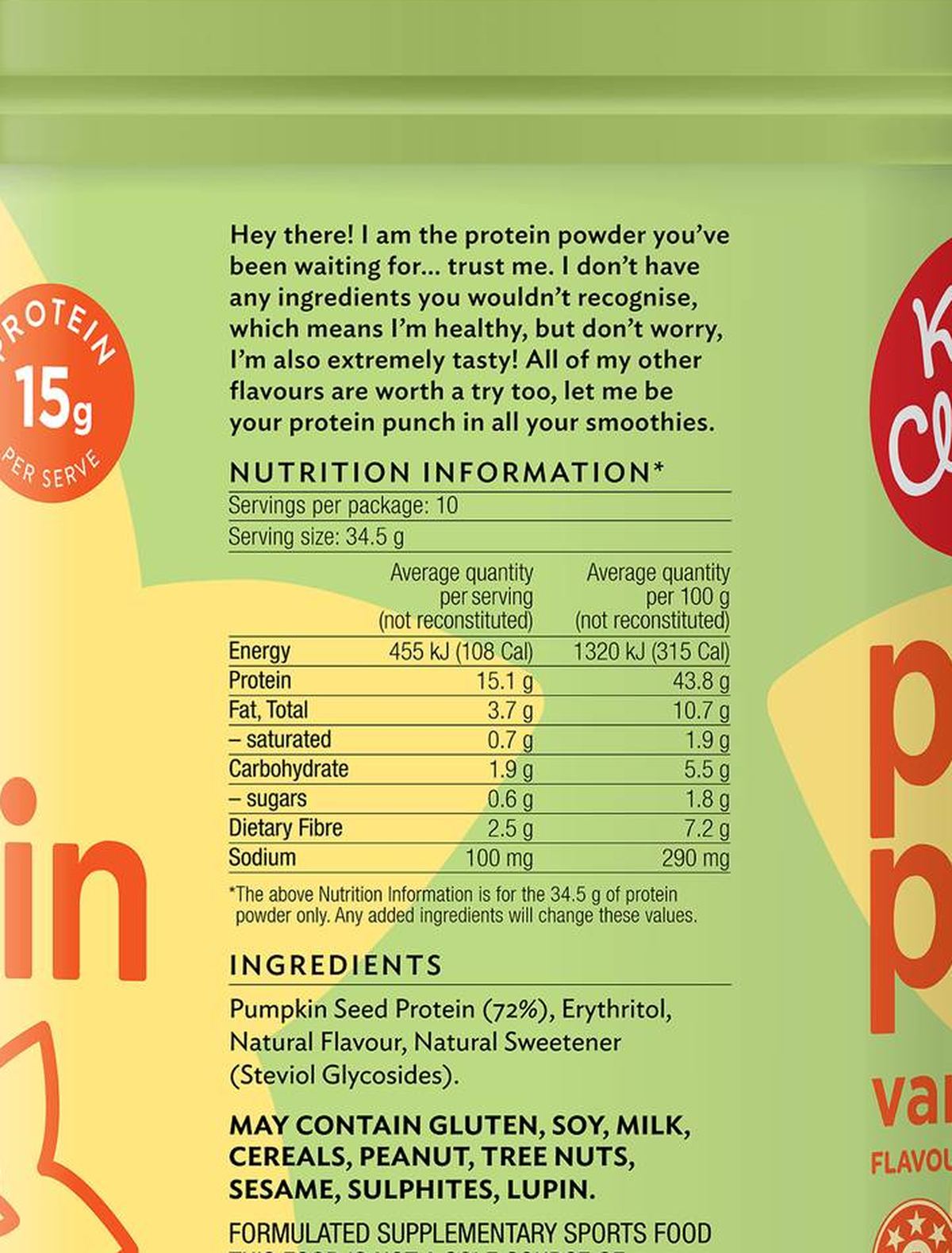 Pack photograph of Keep It Cleaner Plant Protein Vanilla Flavour 345g showing the printed nutrition panel