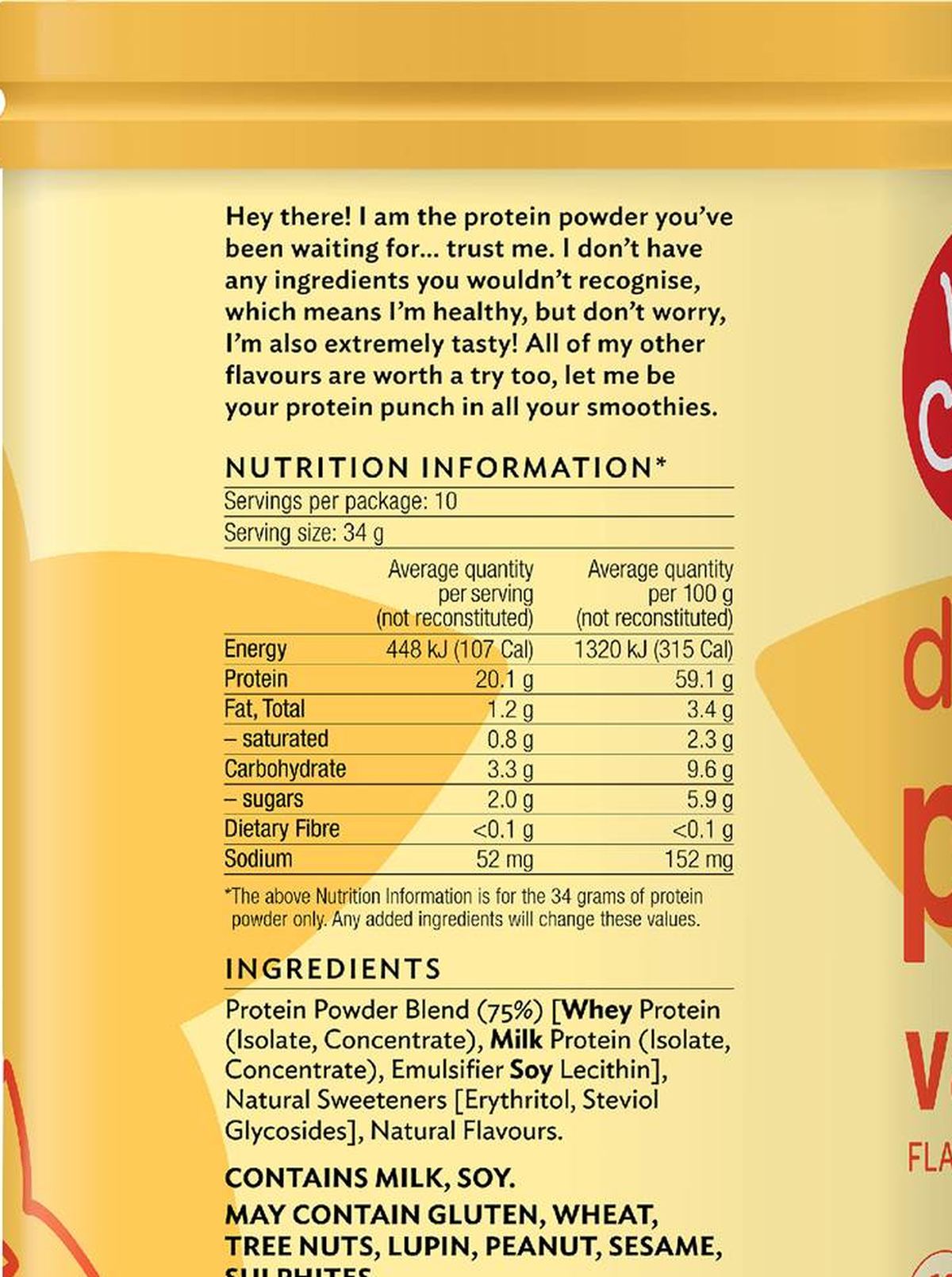 Pack photograph of Keep It Cleaner Daily Boost Protein Powder Vanilla 340g showing the printed nutrition panel