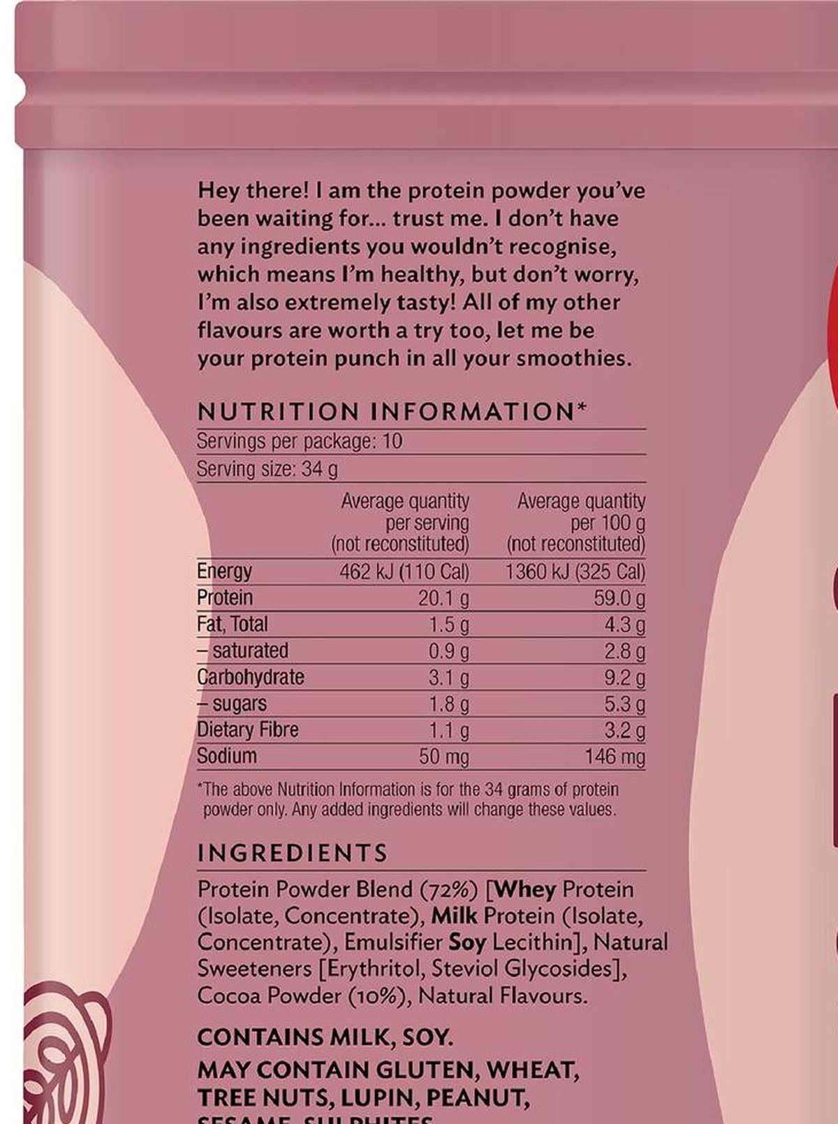 Pack photograph of Keep It Cleaner Daily Boost Protein Powder Chocolate 340g showing the printed nutrition panel