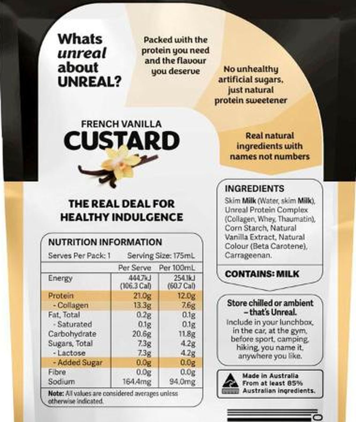 Pack photograph of Unreal High Protein Custard Vanilla showing the printed nutrition panel