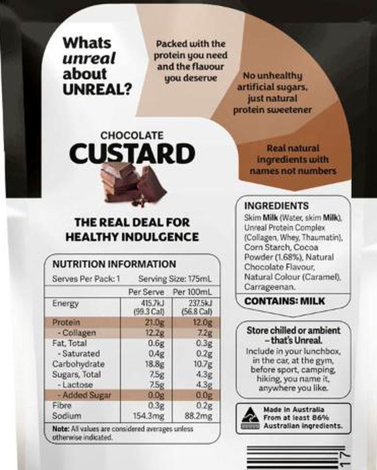 Pack photograph of Unreal High Protein Custard Chocolate showing the printed nutrition panel