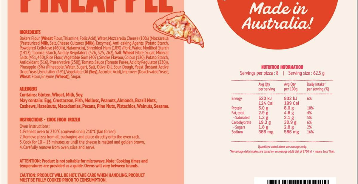 Pack photograph of Buonissimo Pizza Ham & Pineapple 500g showing the printed nutrition panel