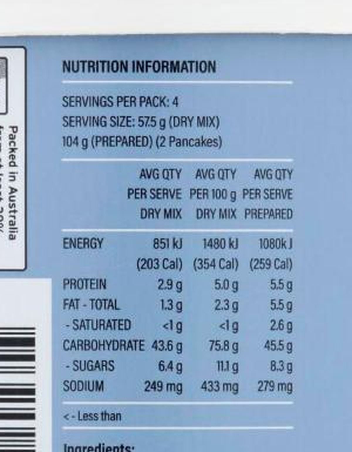 Pack photograph of Mt Elephant Original Pancake Mix showing the printed nutrition panel