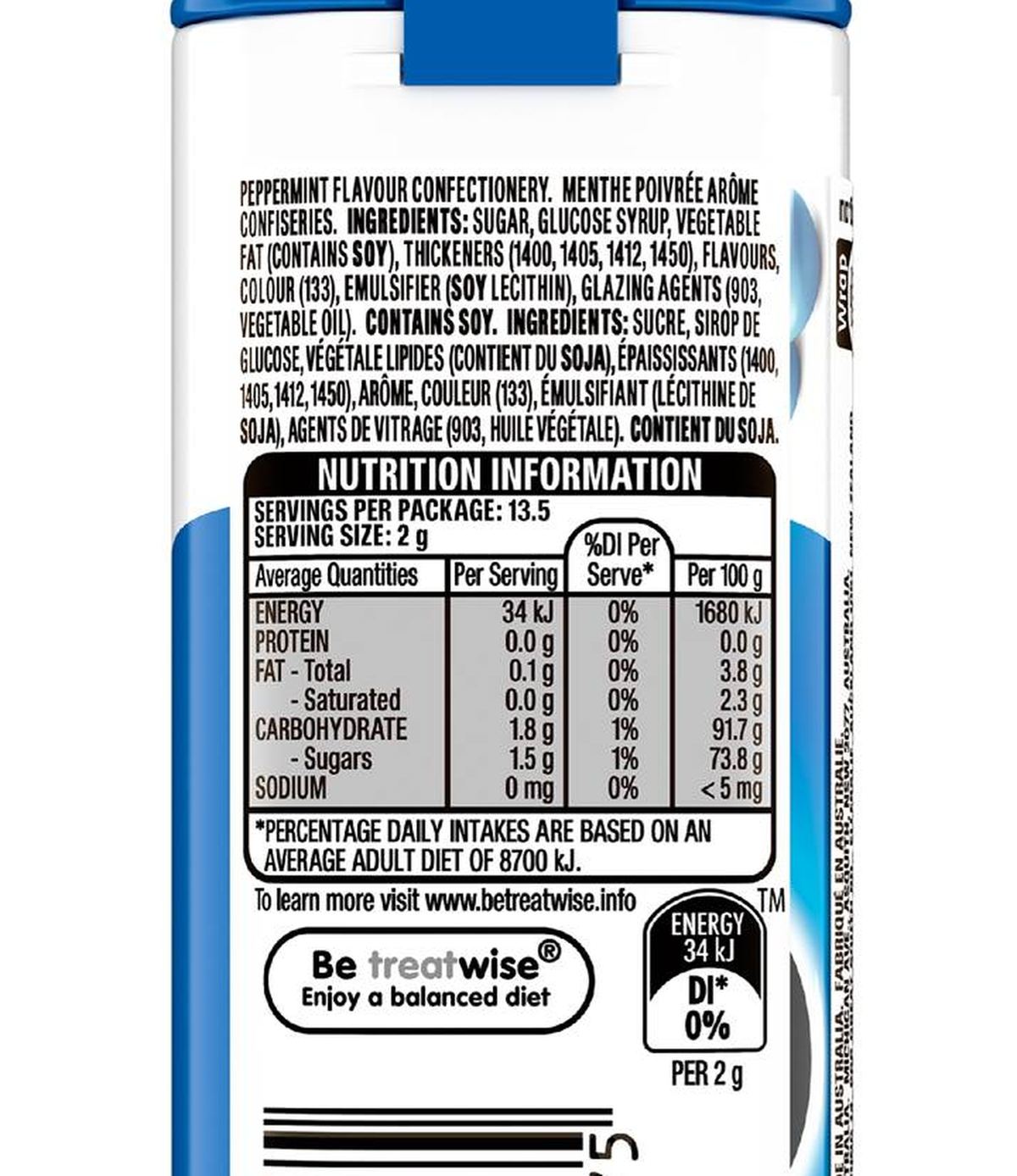 Pack photograph of Eclipse Peppermint Chewy Mints Tin 27g showing the printed nutrition panel