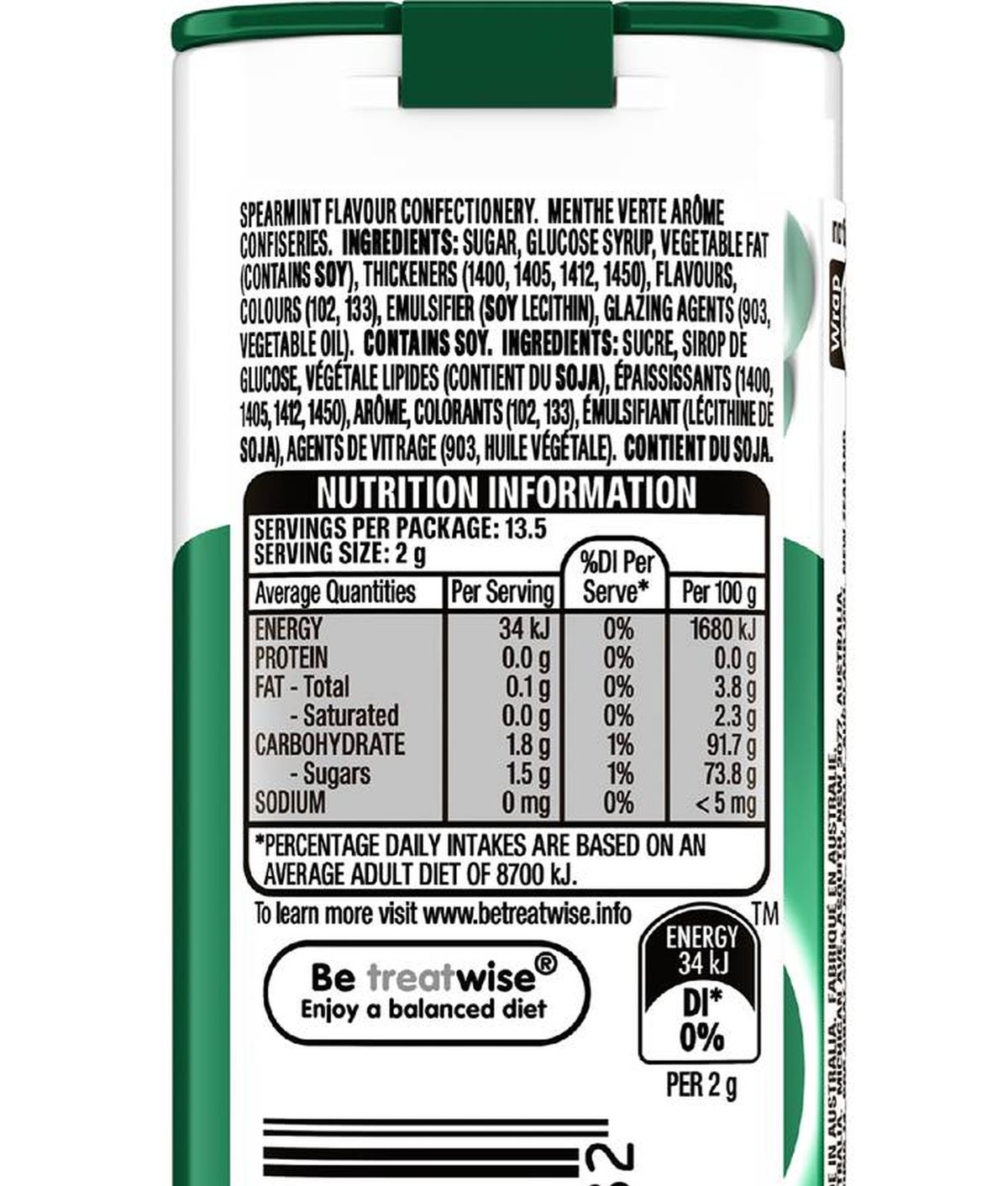 Pack photograph of Eclipse Spearmint Chewy Mints Tin 27g showing the printed nutrition panel