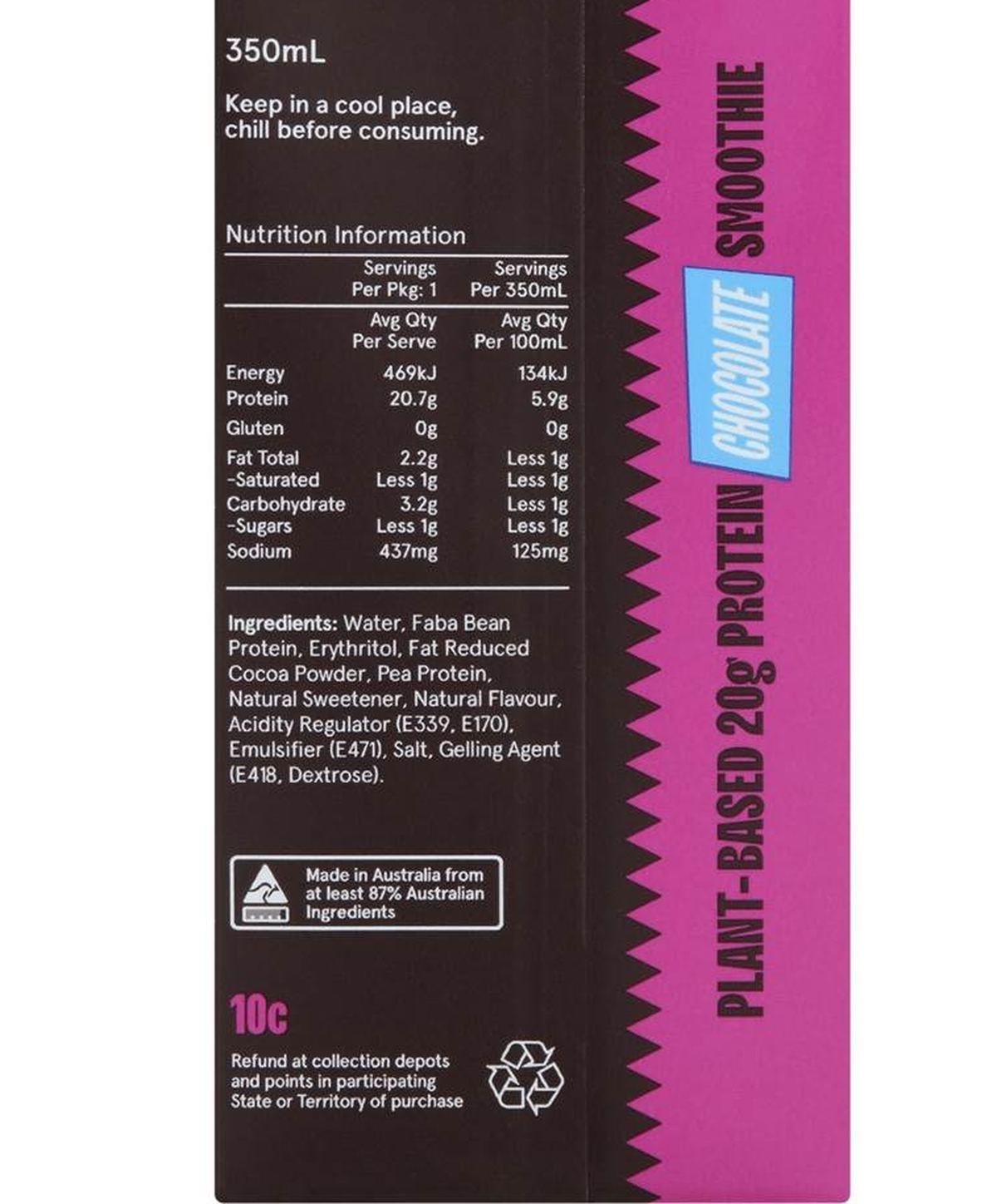 Pack photograph of 99th Monkey Plant Based Protein Chocolate Smoothie 350mL showing the printed nutrition panel