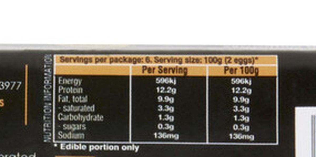 Pack photograph of Mornington Peninsula Free Range 6 Pack showing the printed nutrition panel