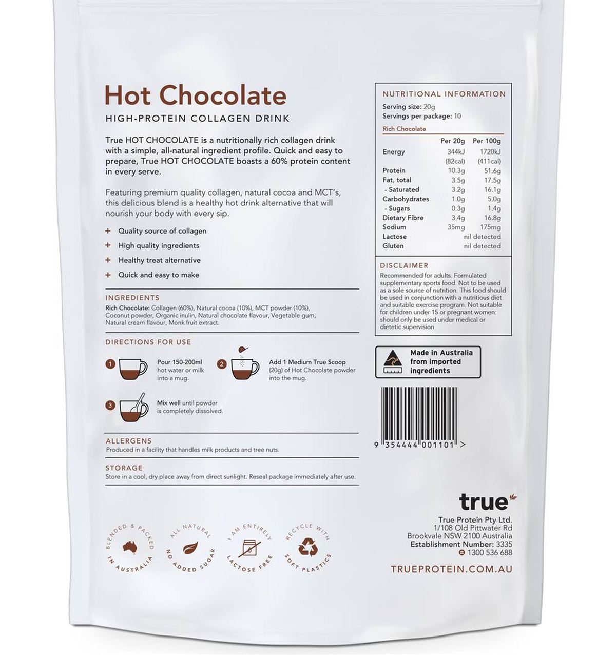 Pack photograph of True Hot Chocolate Protein Collagen Drink 200g showing the printed nutrition panel