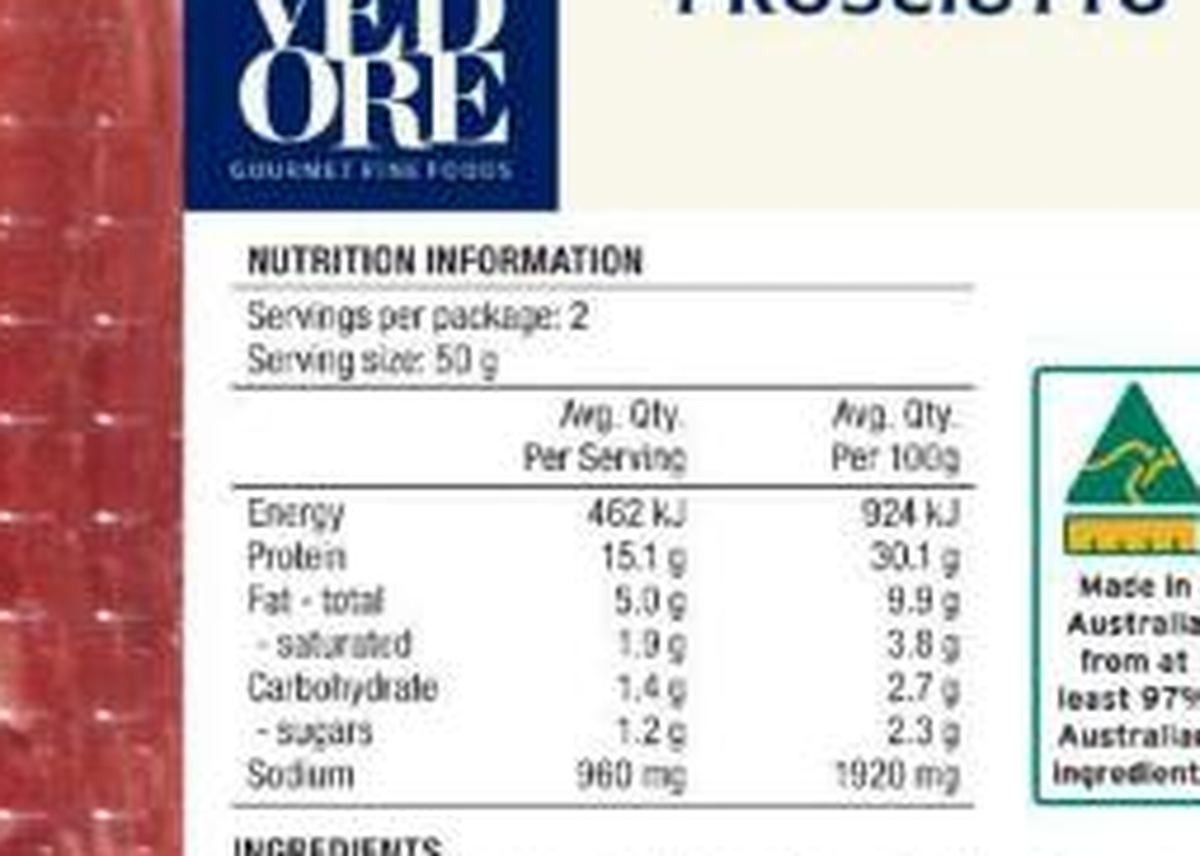 Pack photograph of Provedore Prosciutto showing the printed nutrition panel