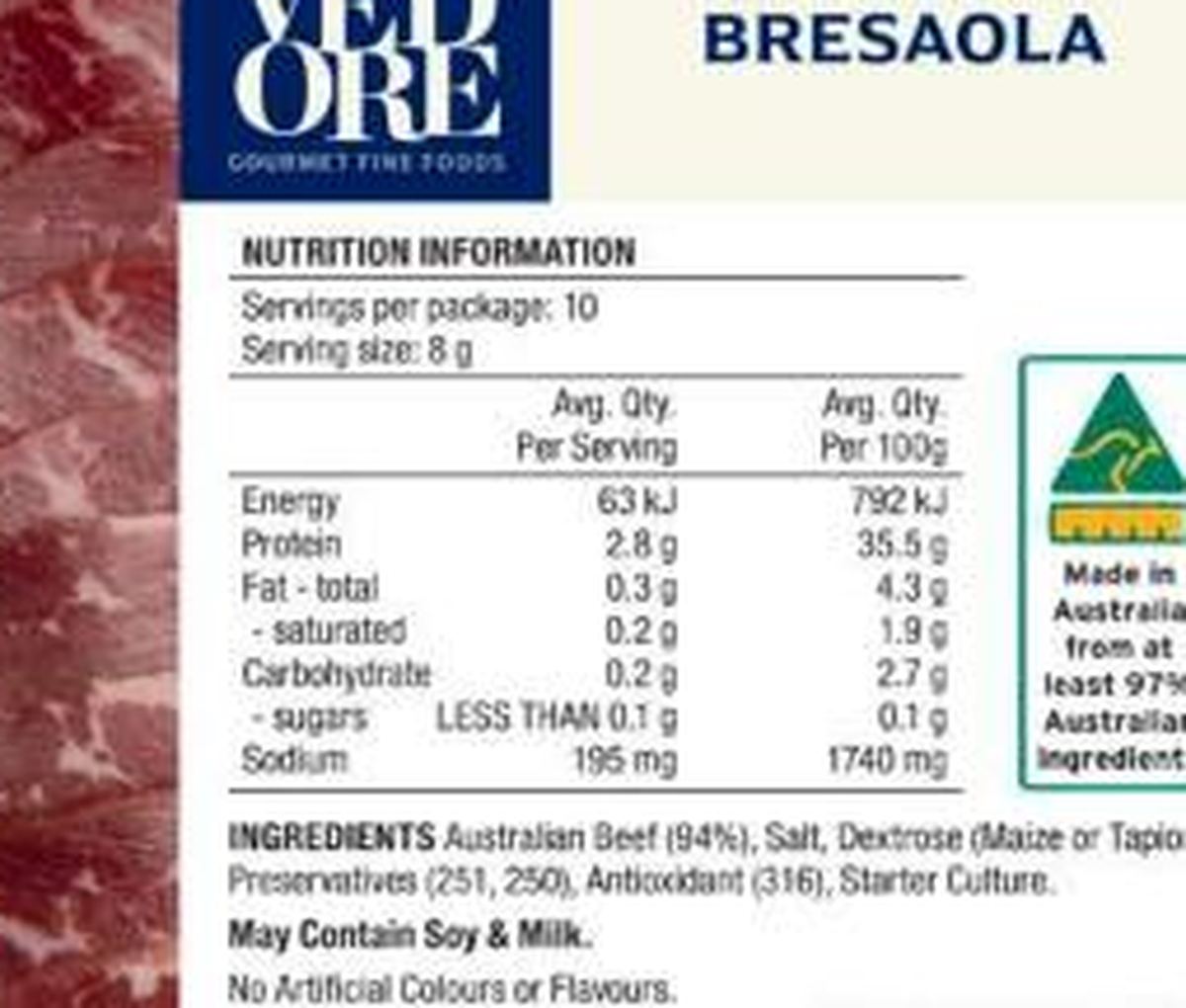 Pack photograph of Provedore Beef Bresaola showing the printed nutrition panel