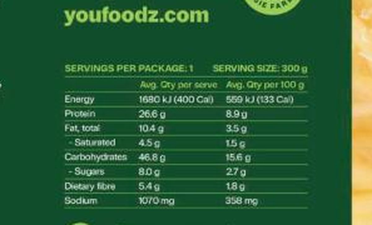 Pack photograph of Youfoodz Regular Nonnas Spaghetti Bolognese showing the printed nutrition panel
