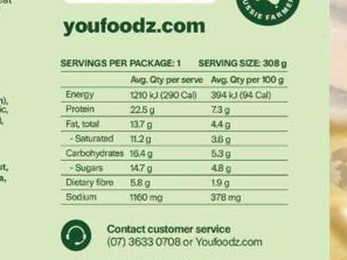 Pack photograph of Youfoodz Nourish Thai Green Chicken Curry showing the printed nutrition panel