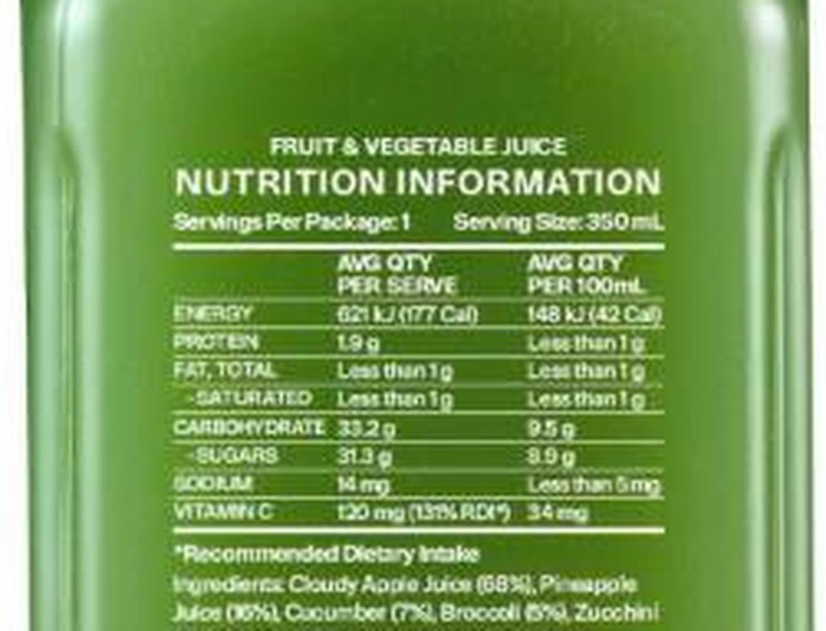 Pack photograph of Youfoodz Youjuice Getcha Greens showing the printed nutrition panel