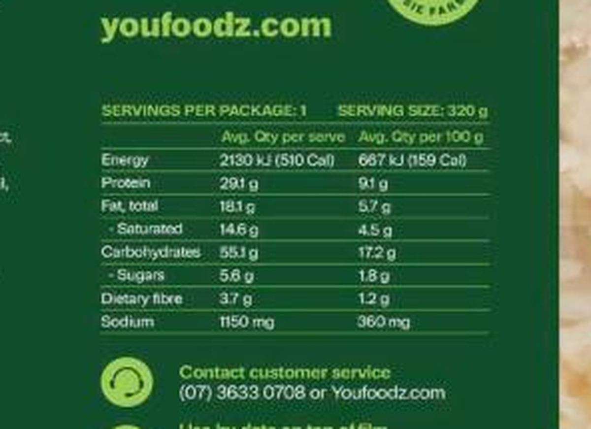 Pack photograph of Youfoodz Thai Chicken Yellow Curry With Basmati Rice showing the printed nutrition panel
