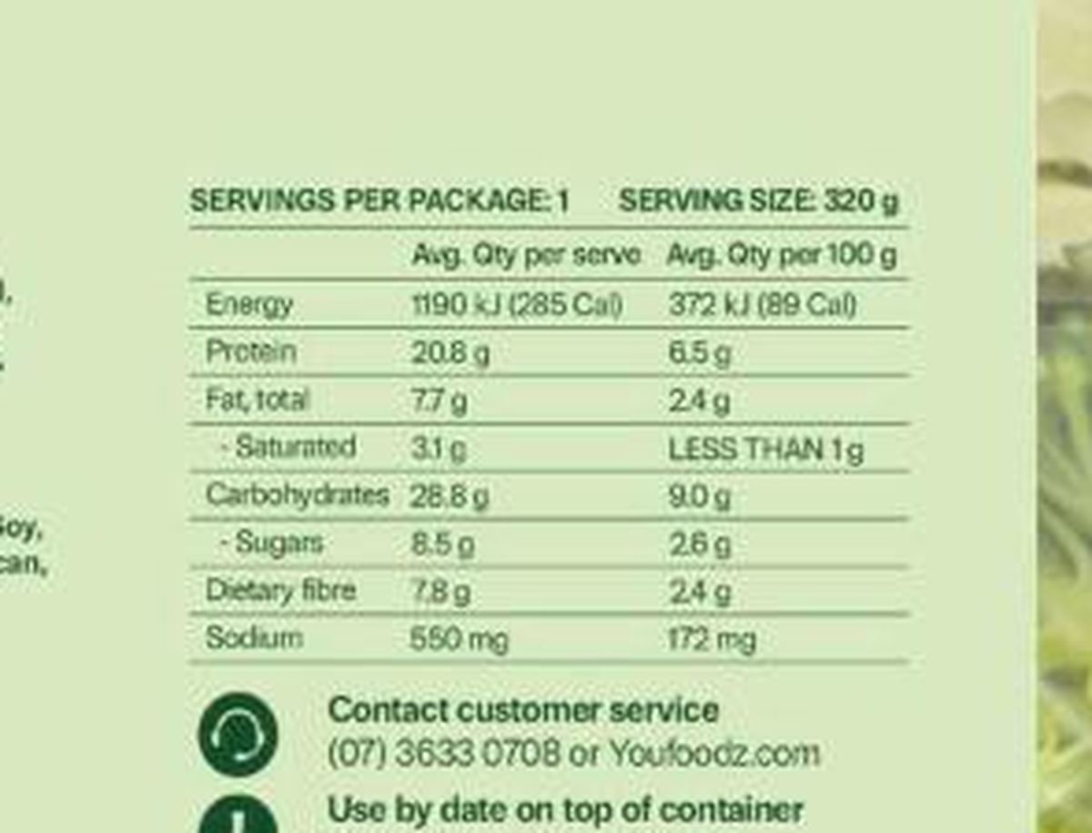 Pack photograph of Youfoodz Nourish 5 Veggie Bolognese With Broccoli & Peas showing the printed nutrition panel
