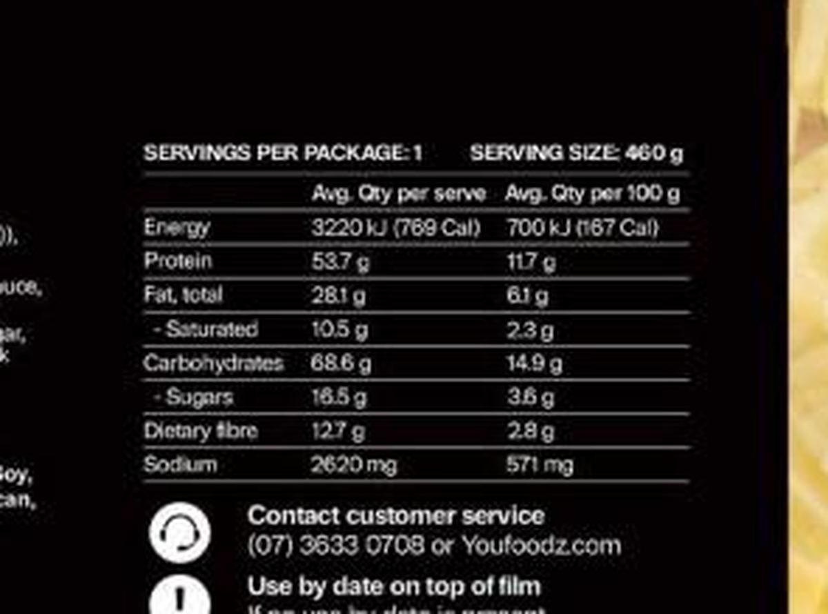 Pack photograph of Youfoodz Fueld Marry ME Chicken Pasta showing the printed nutrition panel