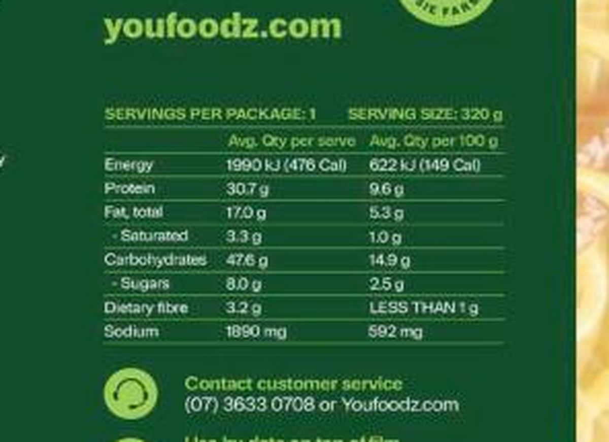 Pack photograph of Youfoodz Regular Singapore Chicken Noodles showing the printed nutrition panel