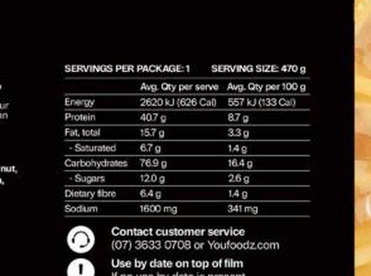 Pack photograph of Youfoodz Fueld Spaghetti Bolognese showing the printed nutrition panel