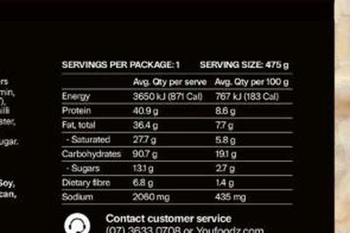 Pack photograph of Youfoodz Fueld Butter Chicken showing the printed nutrition panel