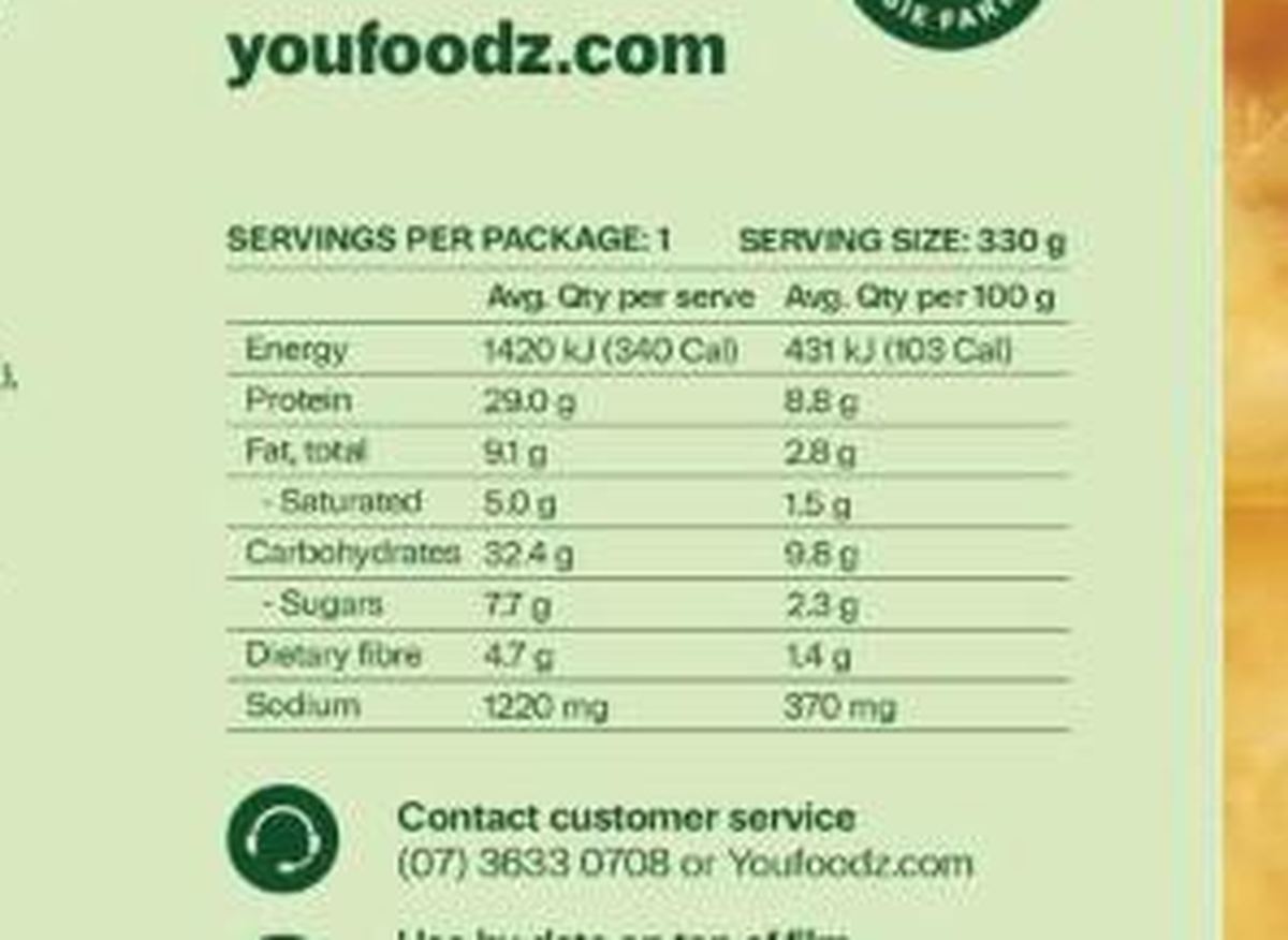 Pack photograph of Youfoodz Nourish Roast Lamb & Veg With Minted Gravy showing the printed nutrition panel