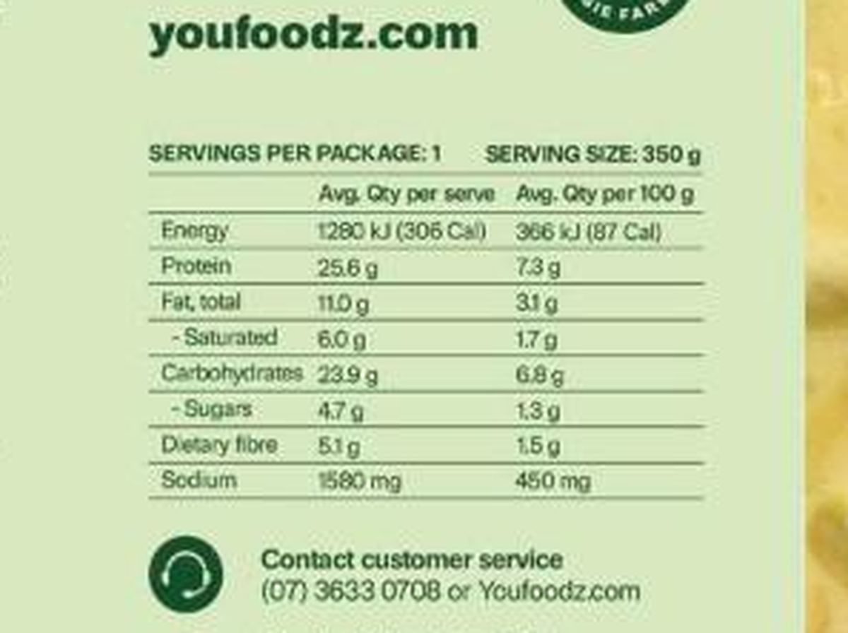 Pack photograph of Youfoodz Nourish Roast Chicken & Veg With Bacon Loaded Mash showing the printed nutrition panel