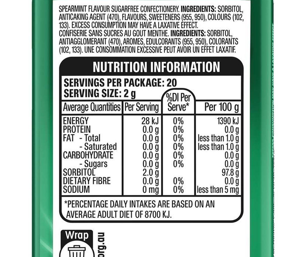 Pack photograph of Eclipse Spearmint Sugar Free Mints Tin 40g showing the printed nutrition panel