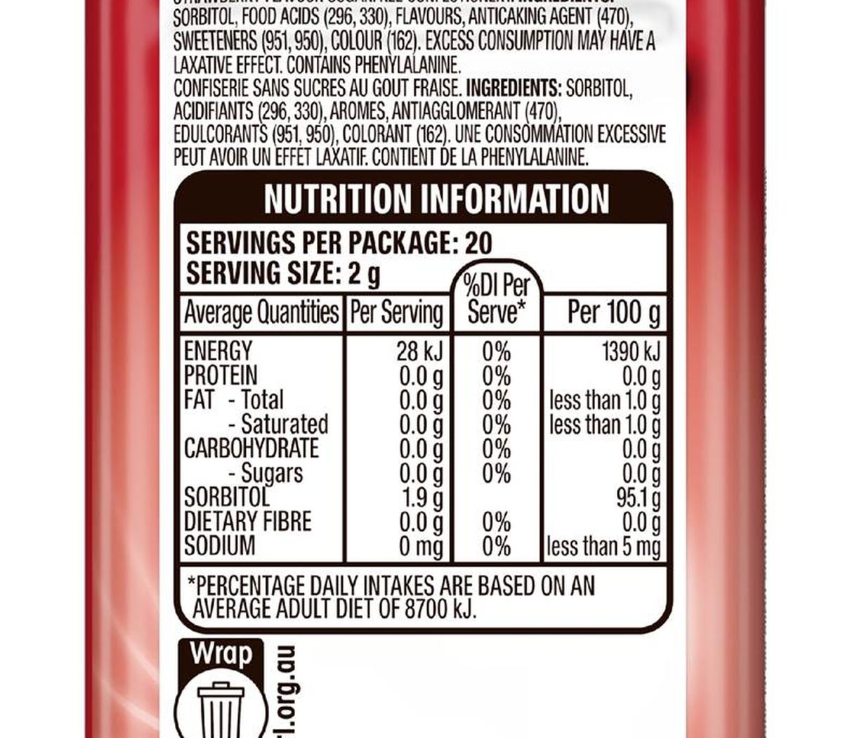 Pack photograph of Eclipse Strawberry Sugar Free Mints Tin 40g showing the printed nutrition panel
