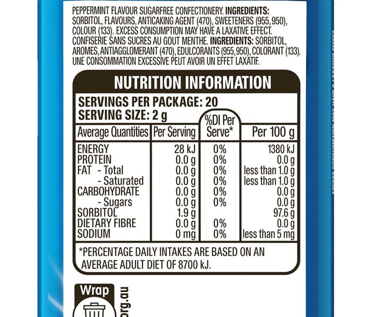 Pack photograph of Eclipse Peppermint Sugar Free Mints Tin 40g showing the printed nutrition panel