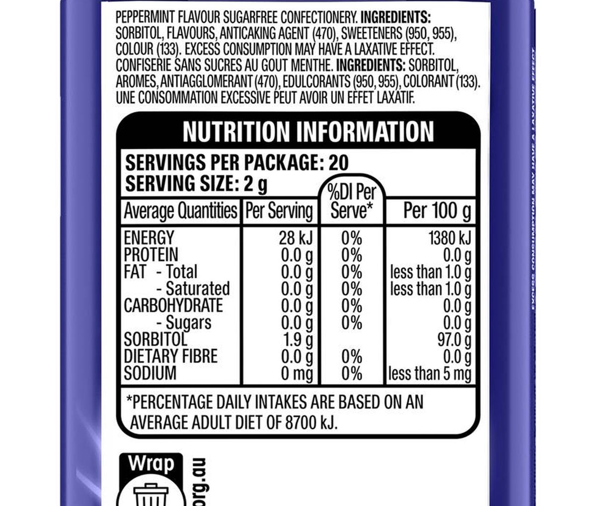 Pack photograph of Eclipse Intense Sugar Free Mints Tin 40g showing the printed nutrition panel