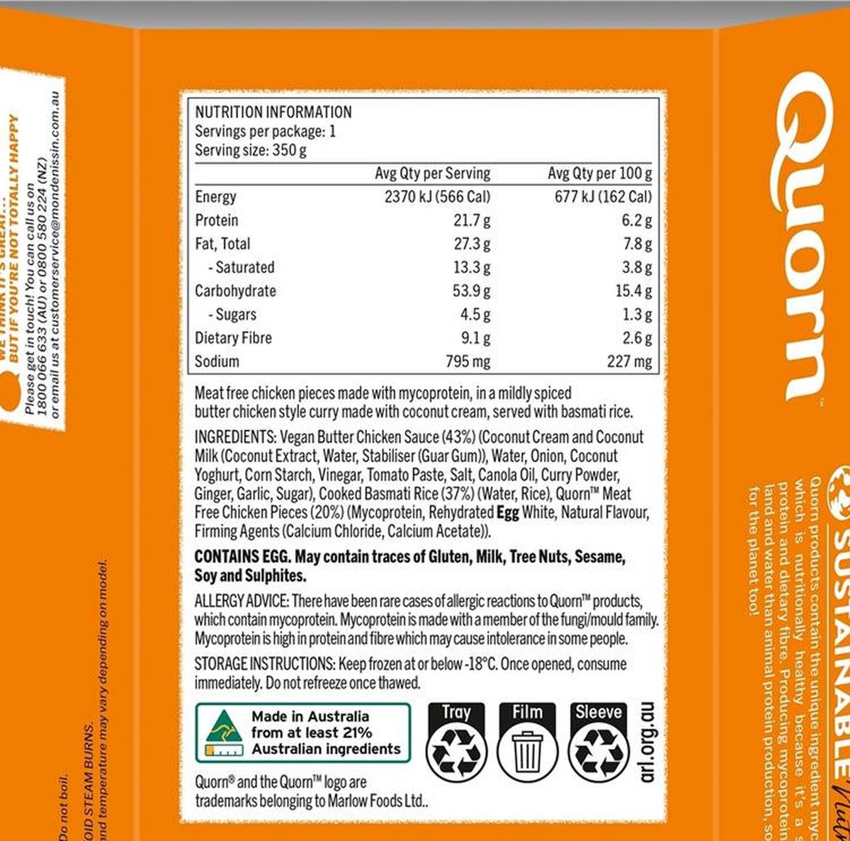 Pack photograph of Quorn Meatfree Style Butter Chicken & Rice 350g showing the printed nutrition panel
