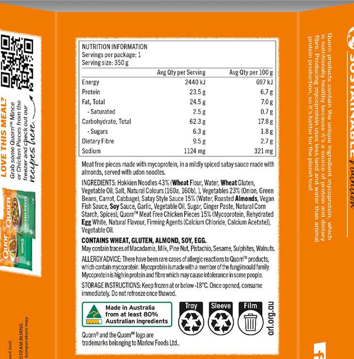 Pack photograph of Quorn Meat Free Satay Style Noodles Meal 350g showing the printed nutrition panel