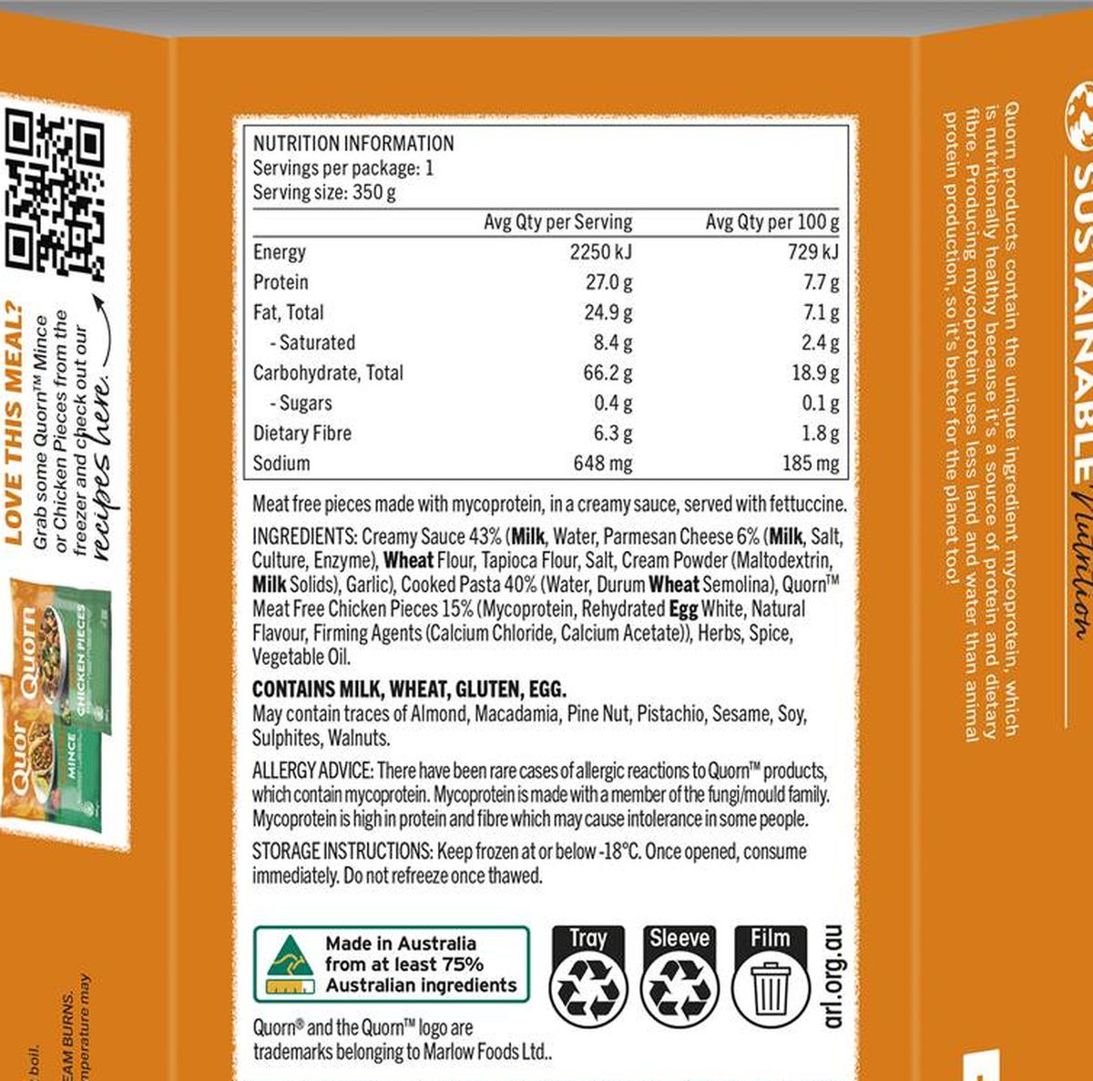 Pack photograph of Quorn Meat Free Creamy Chicken Style Pasta 350g showing the printed nutrition panel
