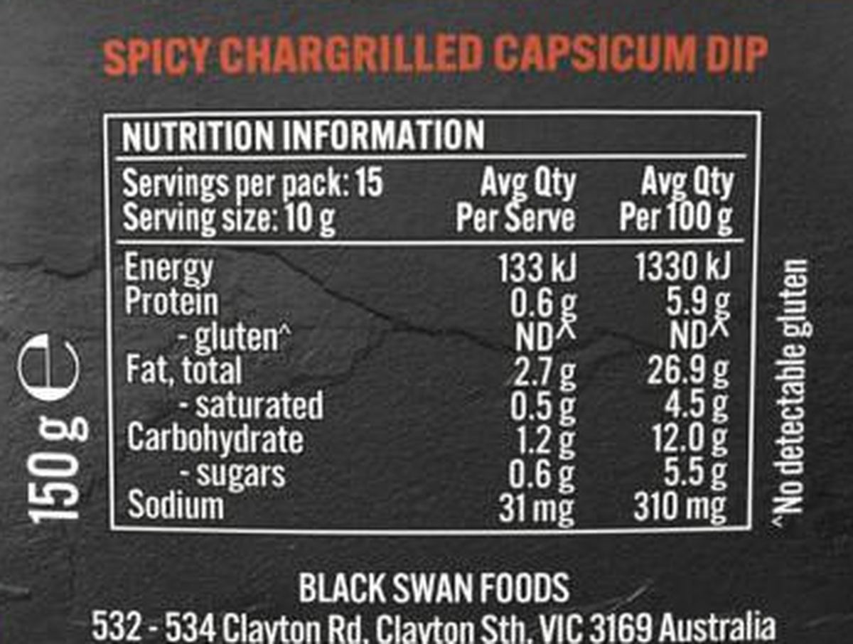 Pack photograph of Black Swan Crafted Spicy Chargrilled Capsicum & Cashews Dip showing the printed nutrition panel