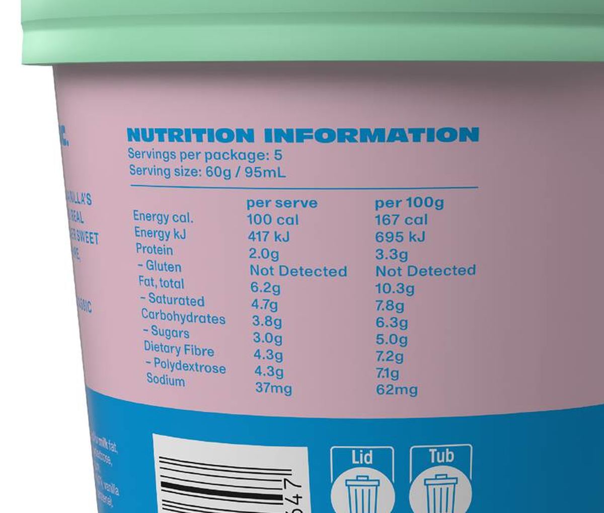 Pack photograph of Denada Vanilla Bean Ice Cream 473mL showing the printed nutrition panel