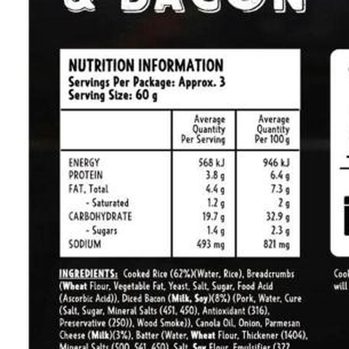 Pack photograph of Gourmet Table Cheese & Bacon Arancini showing the printed nutrition panel