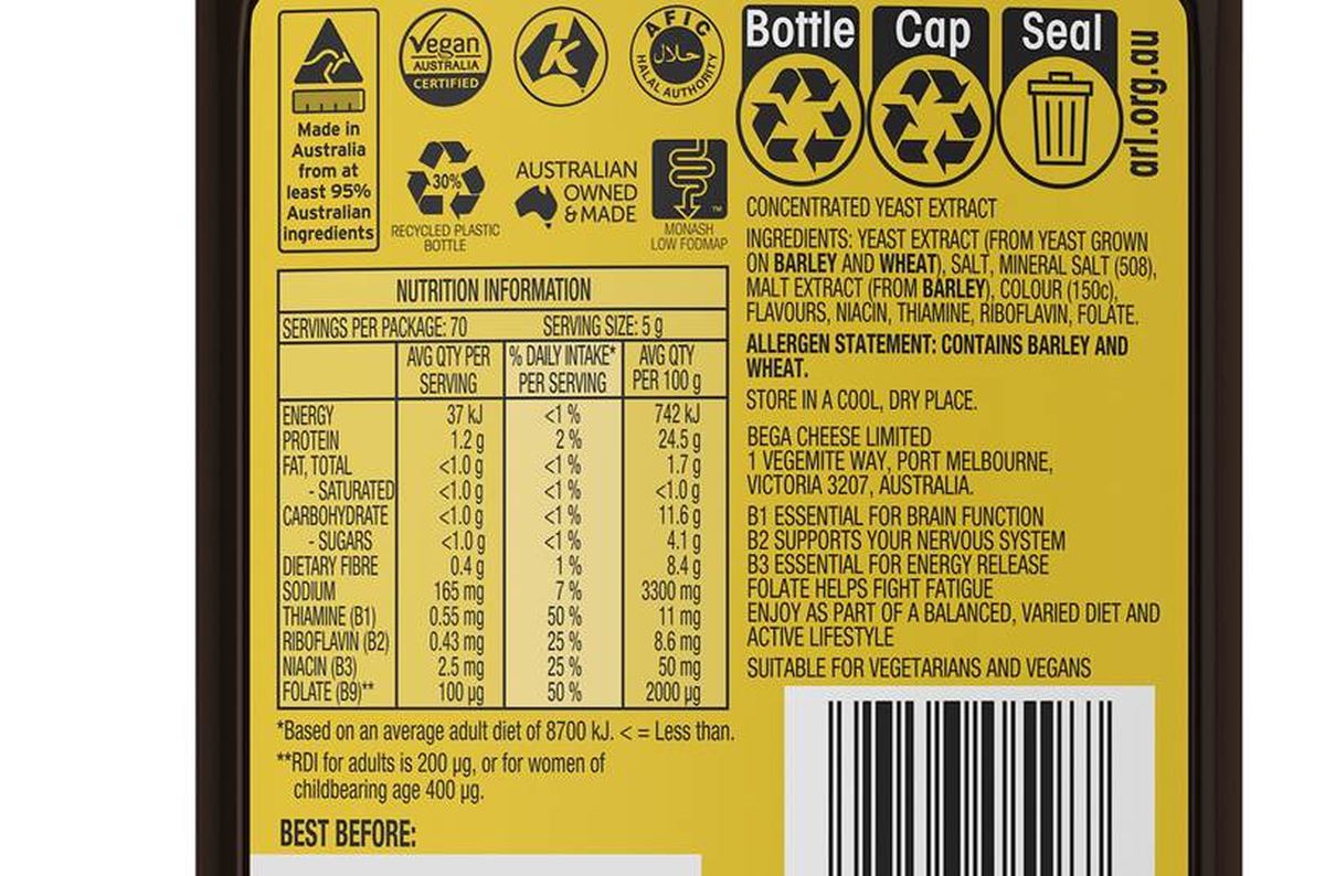 Pack photograph of Vegemite Squeezy 350g showing the printed nutrition panel