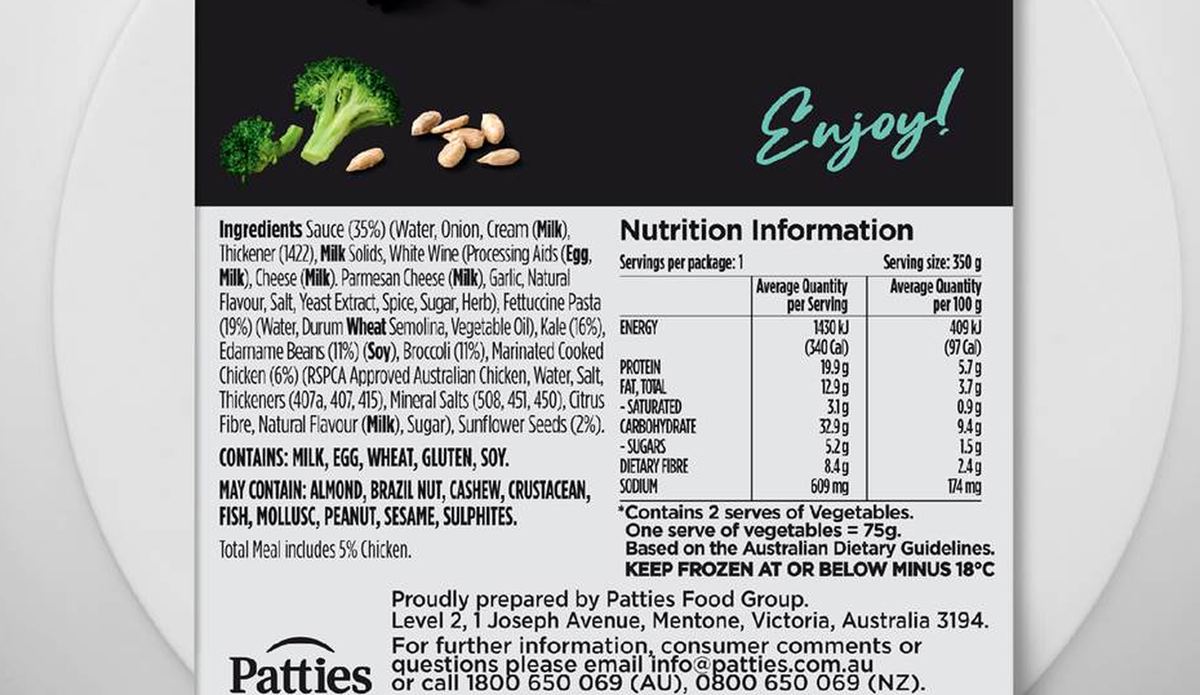 Pack photograph of Lean Cuisine Chicken Fettuccine Bowl with Broccoli & Sunflower Seeds 350g showing the printed nutrition panel