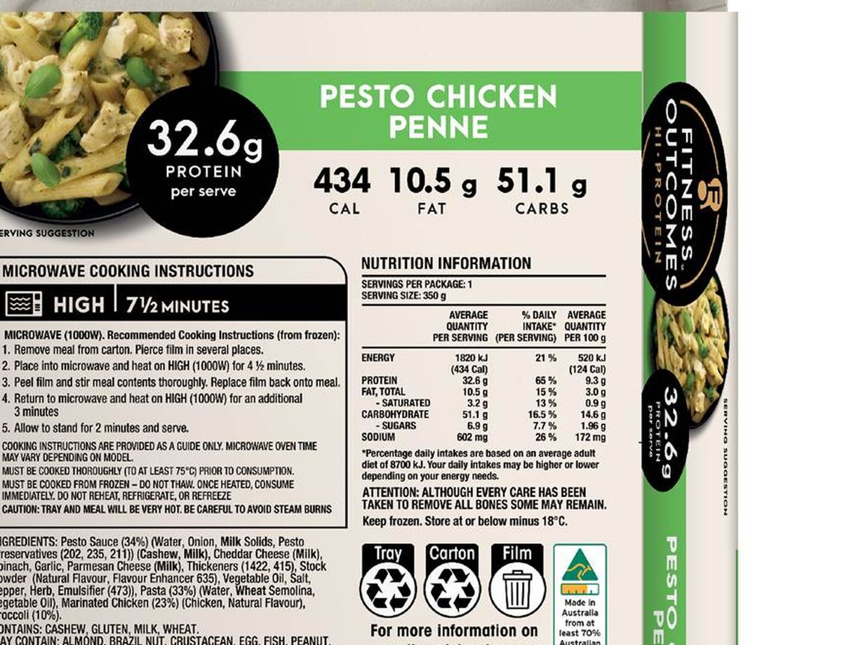 Pack photograph of Fitness Outcomes High Protein Pesto Chicken Penne 350g showing the printed nutrition panel