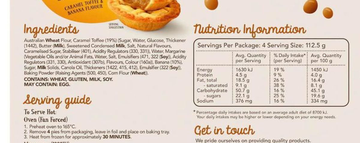 Pack photograph of Nanna's Banoffee Snack Pies 4 Pack showing the printed nutrition panel