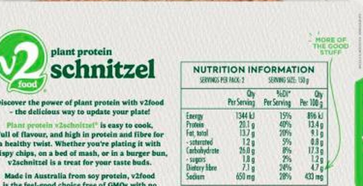 Pack photograph of V2 Plant Protein Schnitzel 2 Pack showing the printed nutrition panel