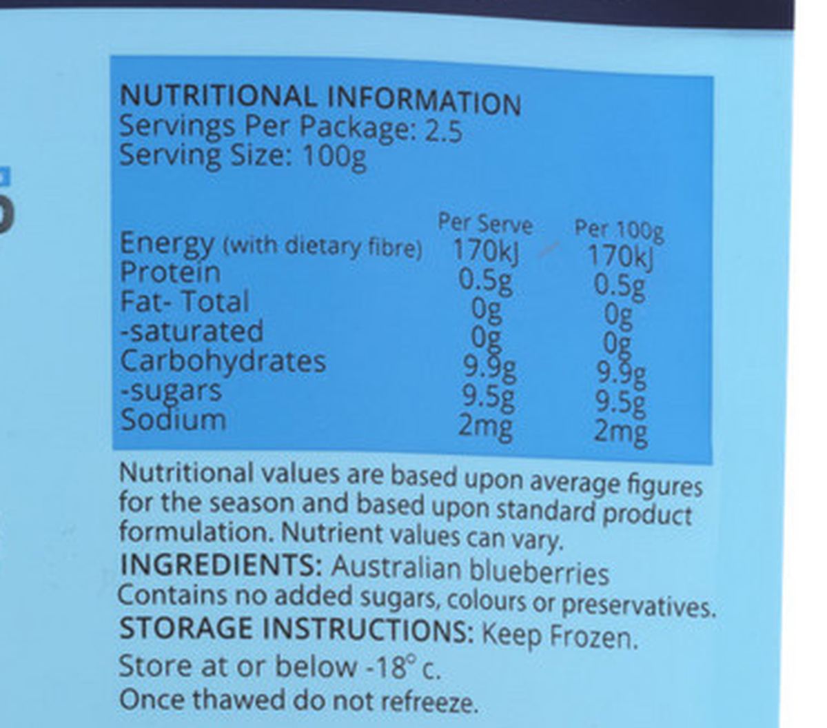 Pack photograph of Australian Frozen Blueberries showing the printed nutrition panel