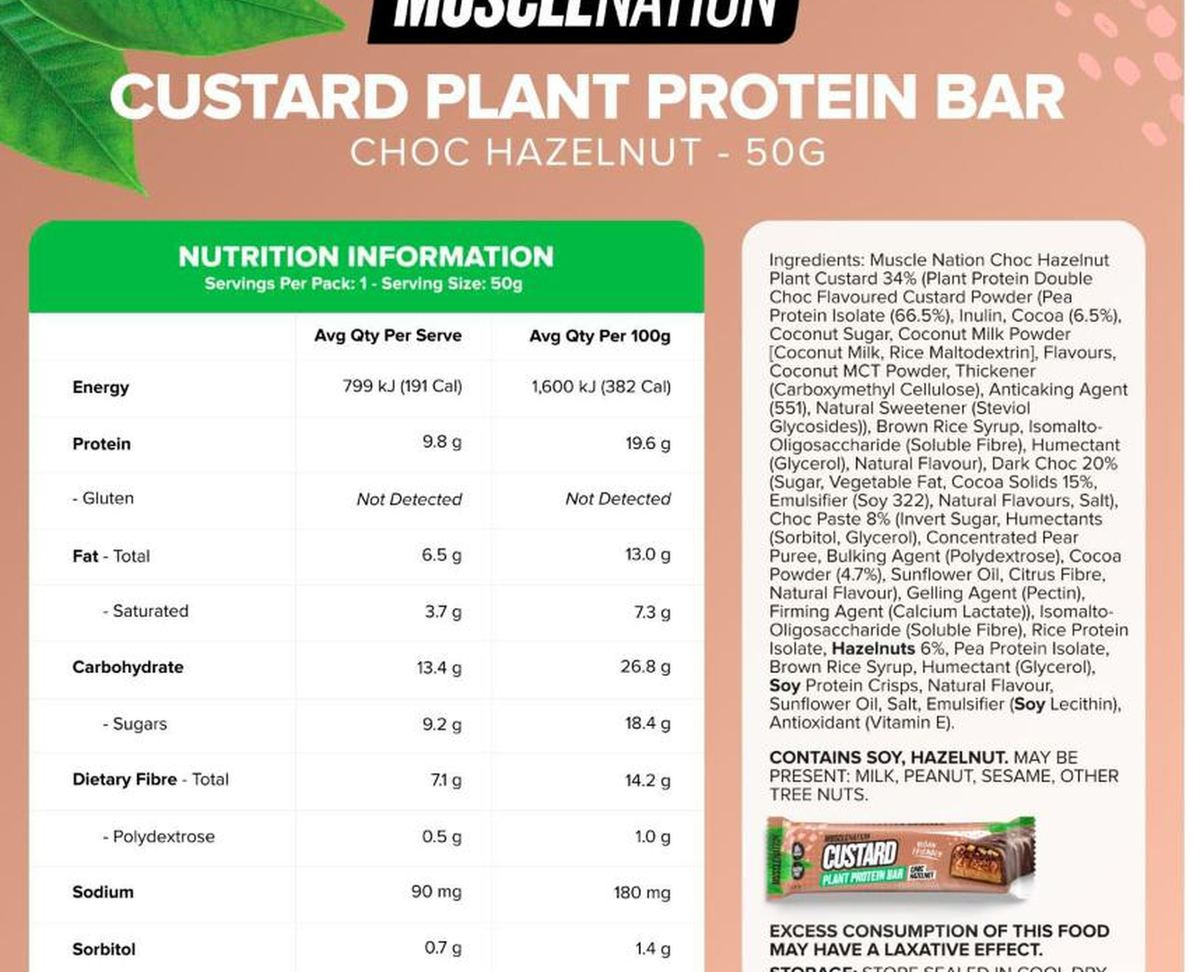 Pack photograph of Muscle Nation Custard Plant Protein Bar Choc Hazelnut showing the printed nutrition panel