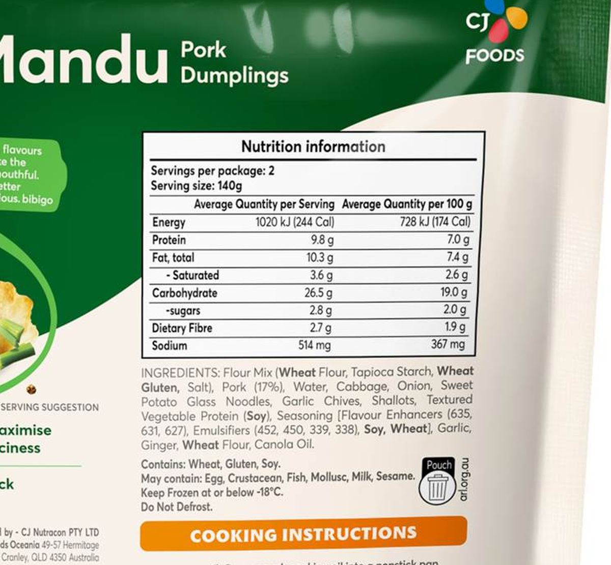 Pack photograph of Bibigo Mandu Pork Dumplings 280g showing the printed nutrition panel
