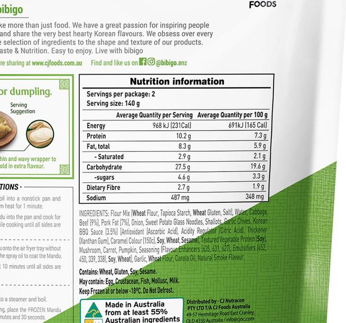 Pack photograph of Bibigo Mandu Korean BBQ Flavoured Dumplings 280g showing the printed nutrition panel