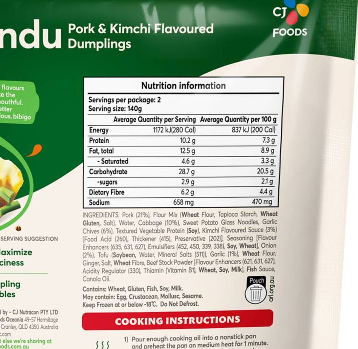 Pack photograph of Bibigo Mandu Pork & Kimchi Dumplings 280g showing the printed nutrition panel