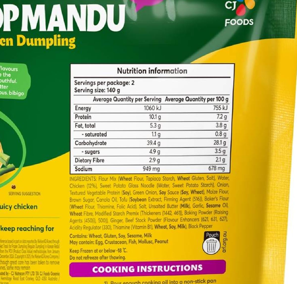 Pack photograph of Bibigo Mini Pop Mandu Chicken Dumplings 280g showing the printed nutrition panel